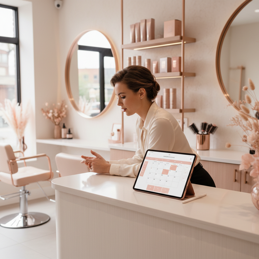 What Happens When a , Salon Tries AI for the First Time? What Happens When a , Salon Tries AI for the First Time?: Professional photo of a salon front desk with a tablet, showing a modern scheduling interface. | innovAIt Media