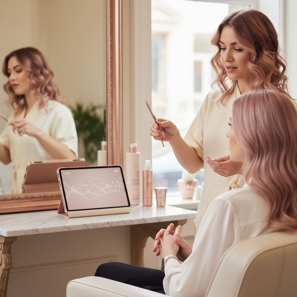What Happens When a , Salon Tries AI for the First Time? What Happens When a , Salon Tries AI for the First Time?: Professional photo of a stylist engaging with a client, with a discreet tablet visible in the backgr | innovAIt Media