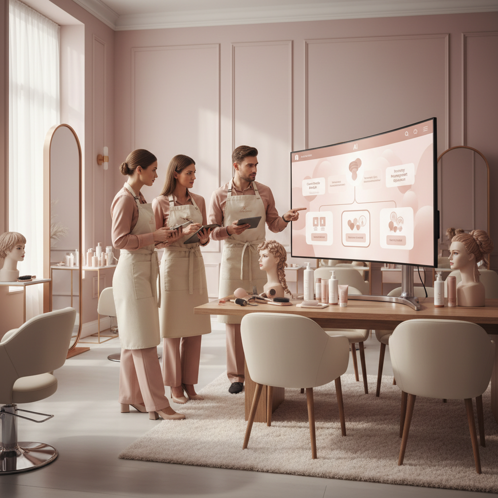 What Happens When a , Salon Tries AI for the First Time? What Happens When a , Salon Tries AI for the First Time?: Professional photo of salon staff engaged in a training session, focused on a monitor displaying AI | innovAIt Media