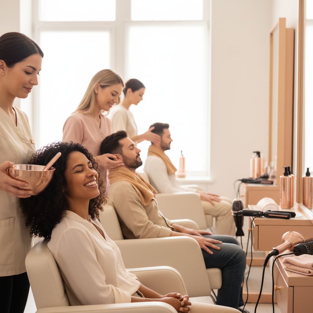 What Happens When a , Salon Tries AI for the First Time? What Happens When a , Salon Tries AI for the First Time?: Professional photo of a diverse group of clients enjoying salon services, implying enhanced client s | innovAIt Media