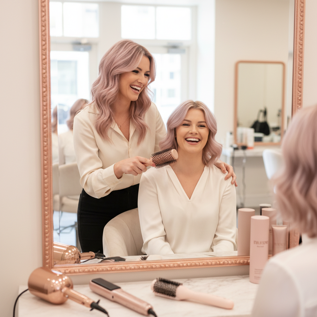 What Happens When a , Salon Tries AI for the First Time? What Happens When a , Salon Tries AI for the First Time?: Stylist engaging warmly with a client after an appointment, both smiling | innovAIt Media