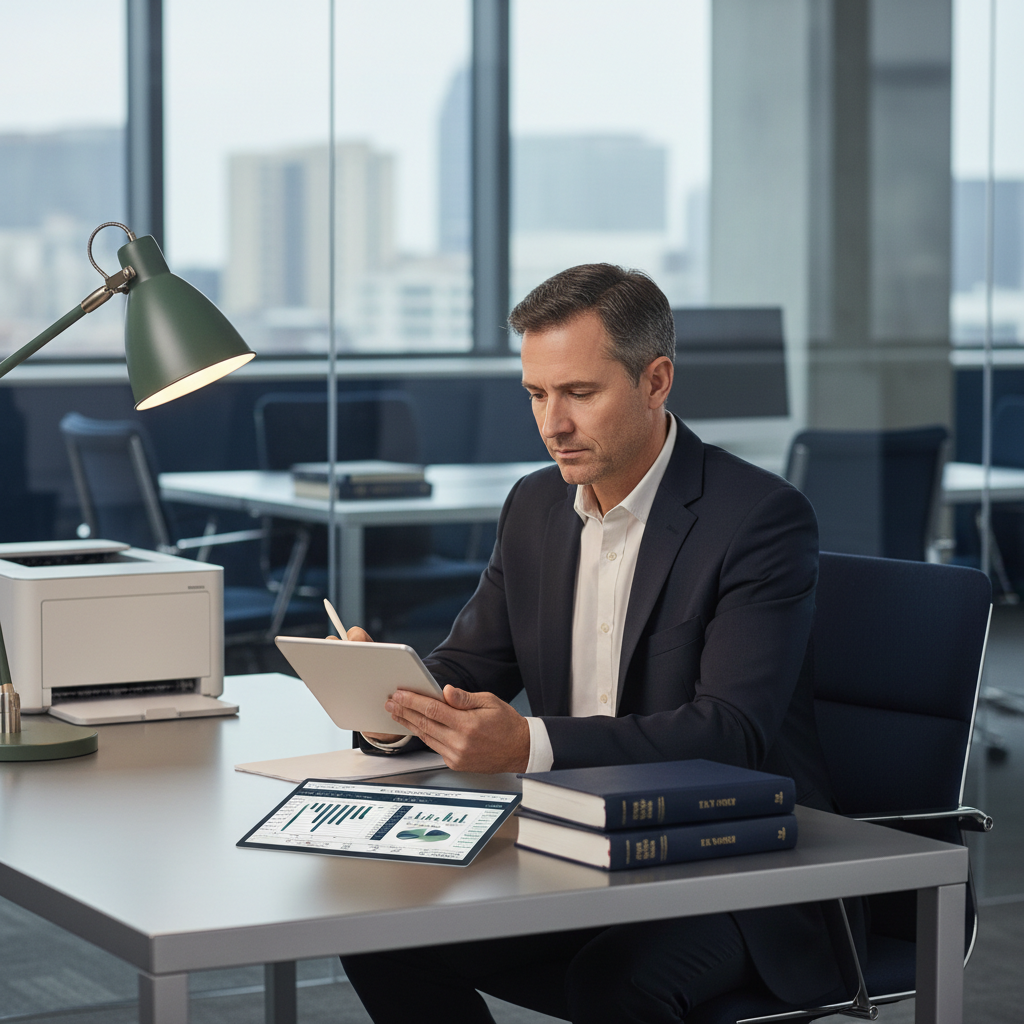 What happens when a Dallas Tax Accountant tries AI for the first time?: Professional scene of a tax accountant thoughtfully integrating data on a tablet, surrounded by mode | innovAIt Media