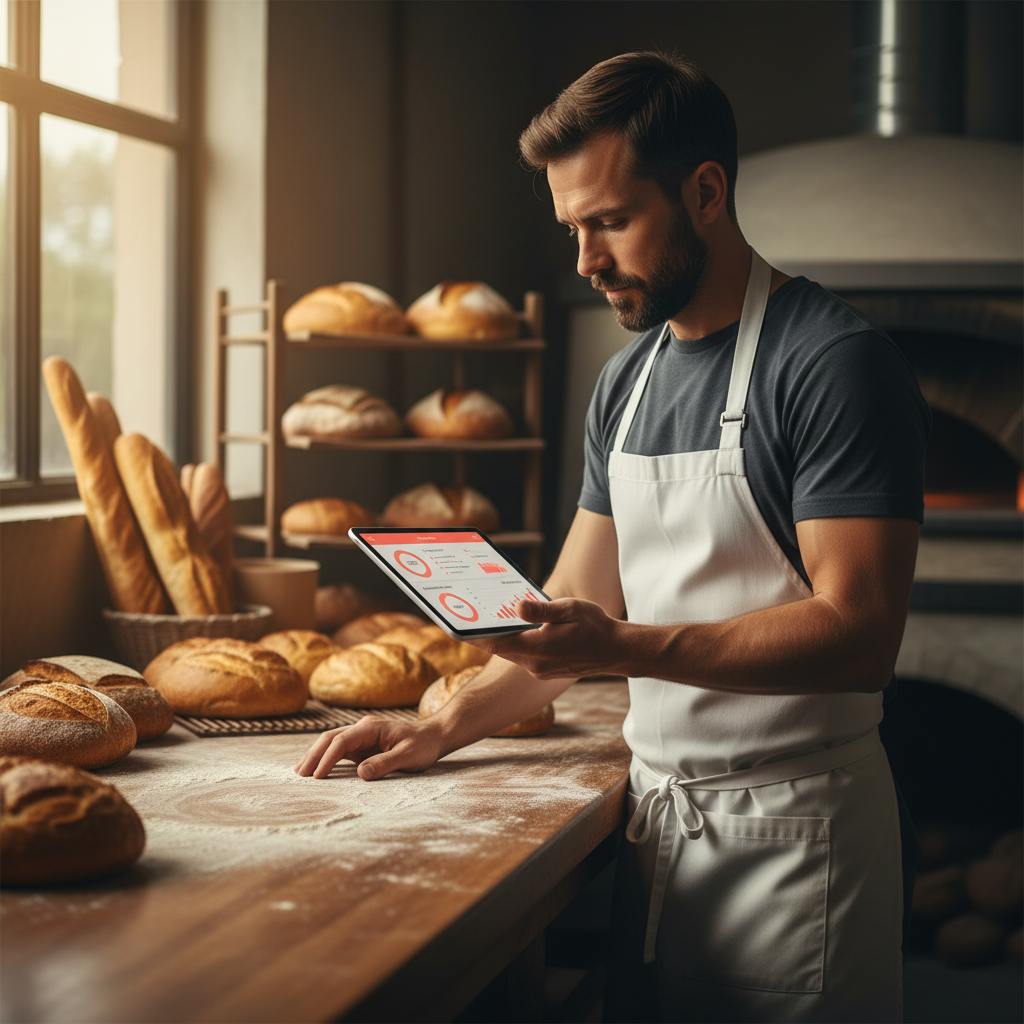 What Happens When a Knoxville Artisan Bakery Tries AI? What Happens When a Knoxville Artisan Bakery Tries AI?: Professional photo of an artisan baker using a tablet to monitor AI marketing analytics on a dashboa | innovAIt Media