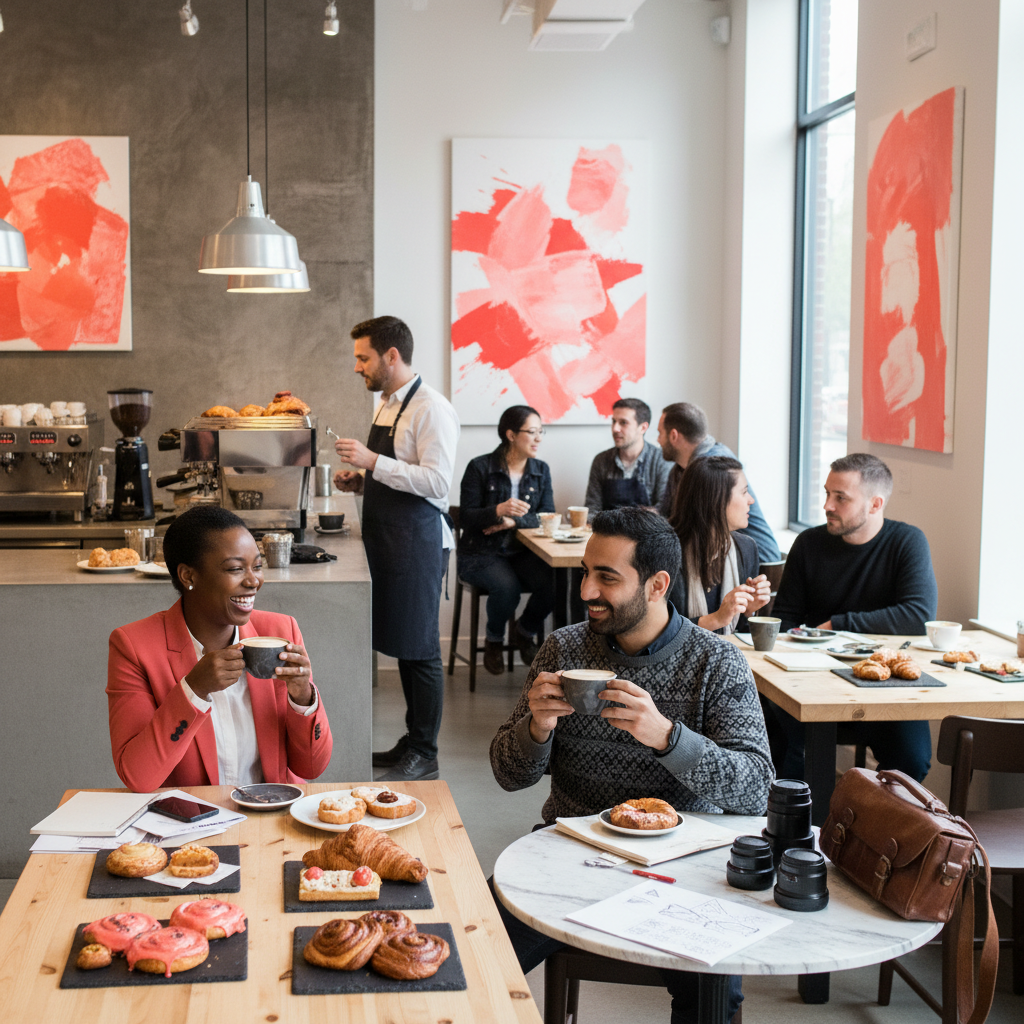 What Happens When a Knoxville Artisan Bakery Tries AI? What Happens When a Knoxville Artisan Bakery Tries AI?: A diverse group of people enjoying pastries and coffee at a bustling, modern artisan bakery in Atlan | innovAIt Media