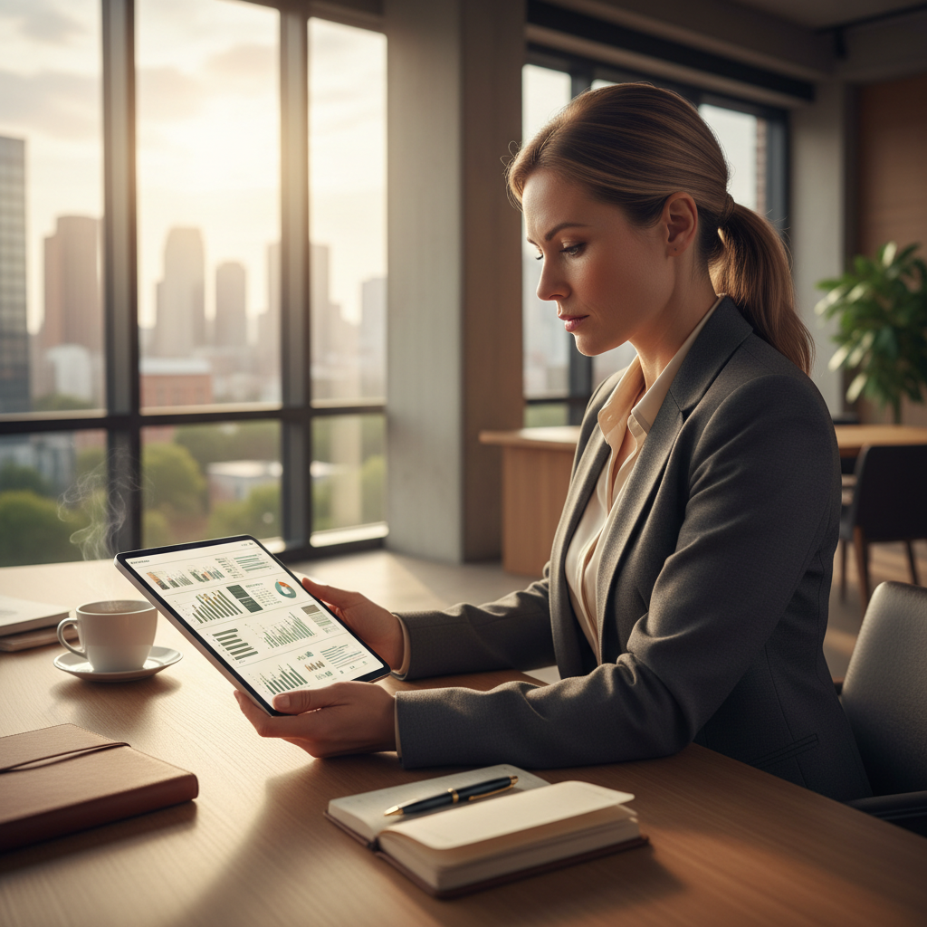 What Happens When an Indiana Family Lawyer Tries AI First SEO?: Professional photo of a lawyer reviewing AI-generated SEO reports on a tablet in a modern office. | innovAIt Media