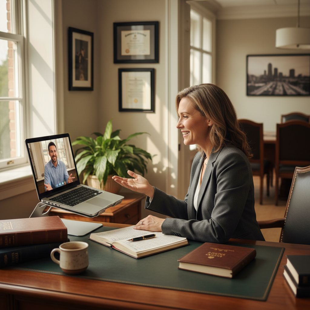 What Happens When an Indiana Family Lawyer Tries AI First SEO?: Professional photo of a lawyer interacting with a client on a video call, showing a positive connect | innovAIt Media