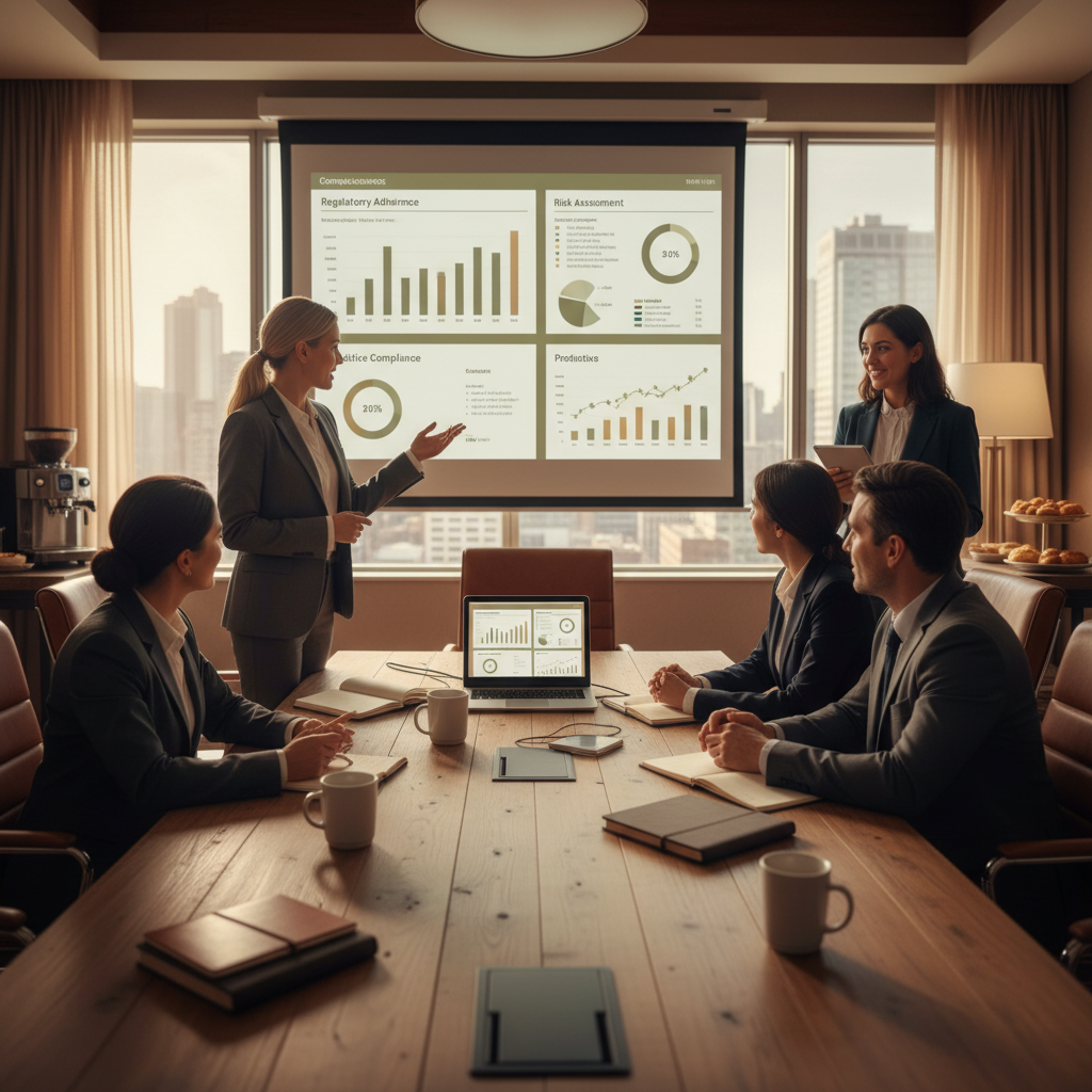 What Happens When an Indiana Family Lawyer Tries AI First SEO?: Professional shot of a legal team collaborating, with one member presenting AI-generated compliance  | innovAIt Media