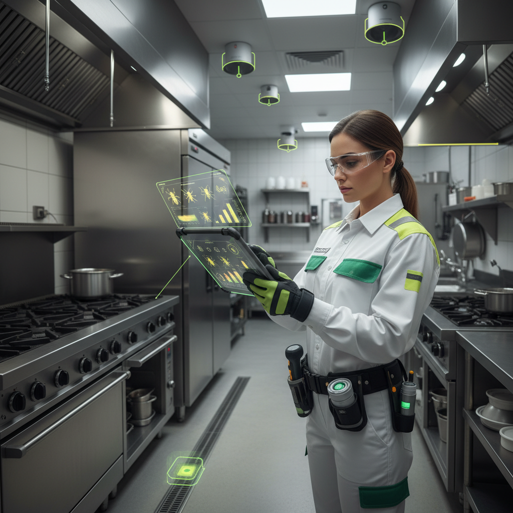 What Happens When Pest Control Swaps Sales Teams for AutoGen: A futuristic pest control technician using a tablet with AI overlay for data analysis during an insp | innovAIt Media