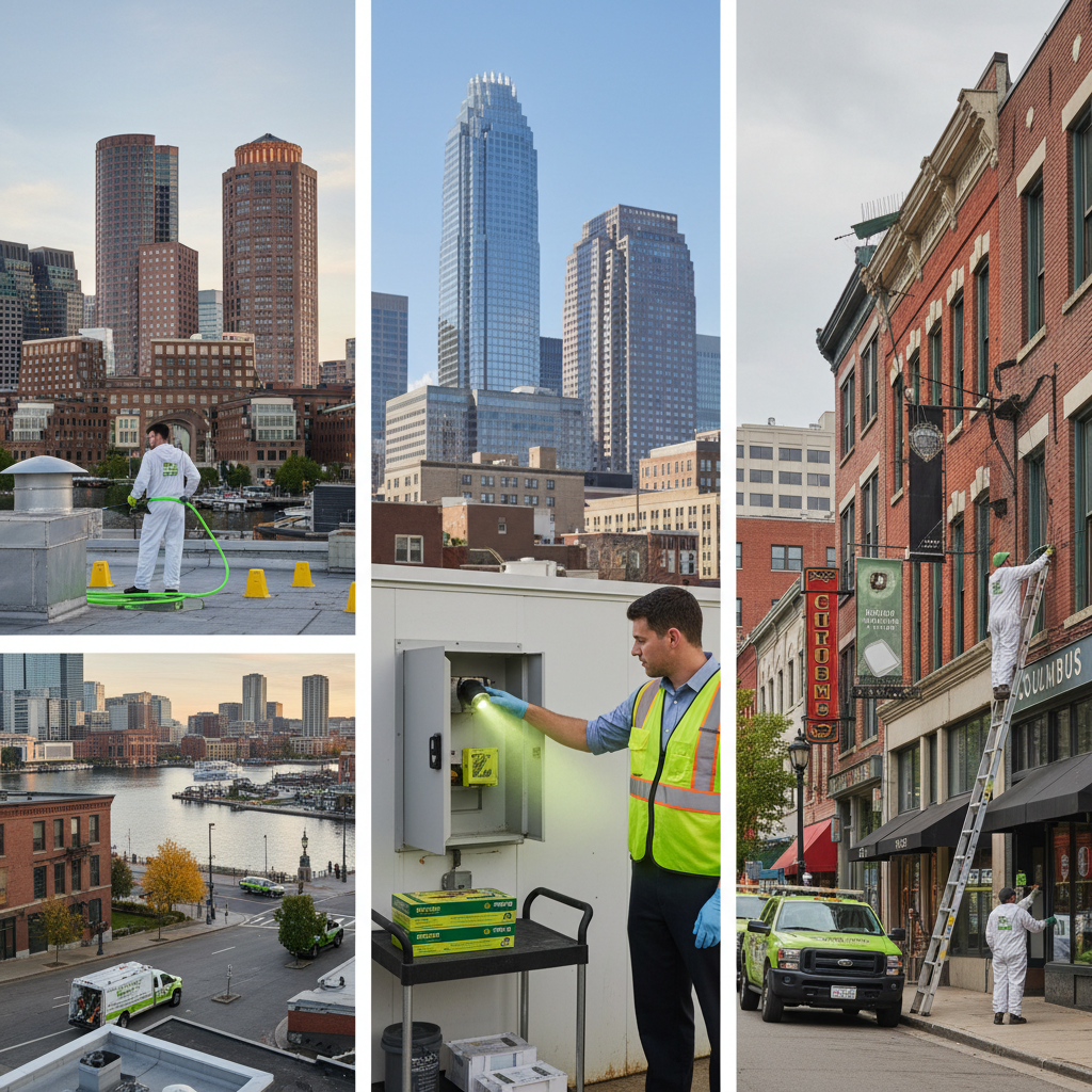 What Happens When Pest Control Swaps Sales Teams for AutoGen: Three side-by-side images showing Boston's skyline, Charlotte's Queen City, and Columbus's Short Nor | innovAIt Media