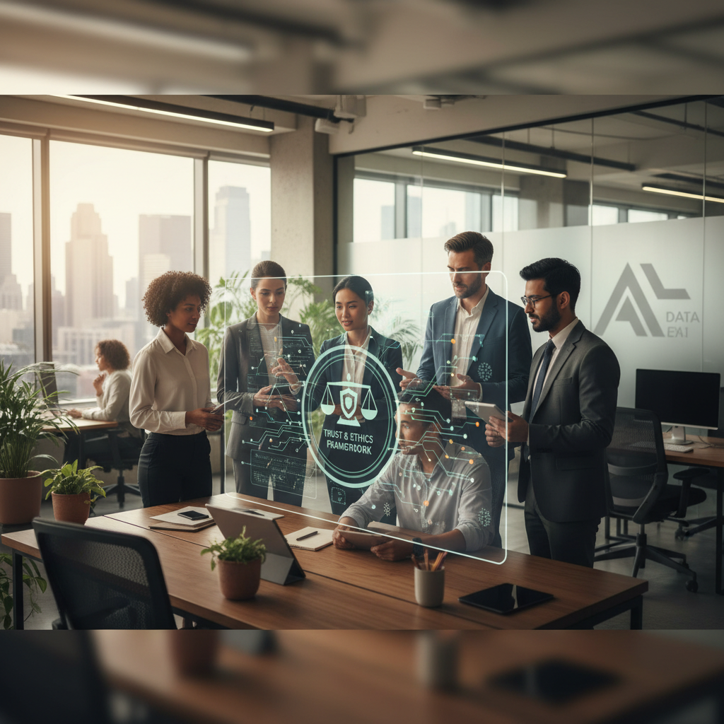 What Michigan Businesses Aren't Saying About AI Ethics: A diverse group of business professionals in a modern office collaborating around a digital display | innovAIt Media