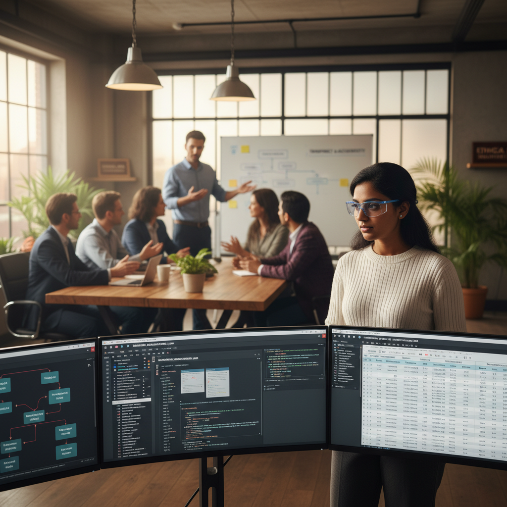 What Michigan Businesses Aren't Saying About AI Ethics: A data scientist examining lines of code and data sets on multiple screens, with a diverse team coll | innovAIt Media