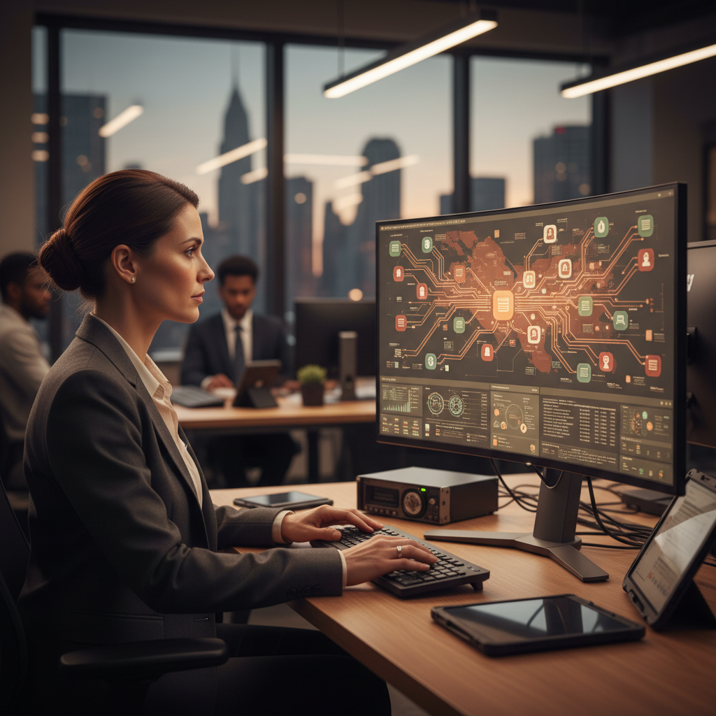 What Michigan Businesses Aren't Saying About AI Ethics: A cybersecurity professional monitoring a complex network of data flows on a computer interface, emp | innovAIt Media