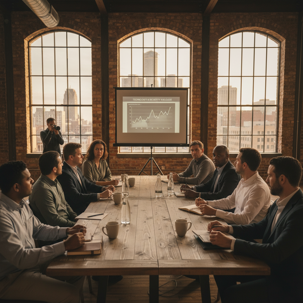 What Michigan Businesses Aren't Saying About AI Ethics: A diverse group of people engaged in a community meeting, discussing the societal impact of technolo | innovAIt Media