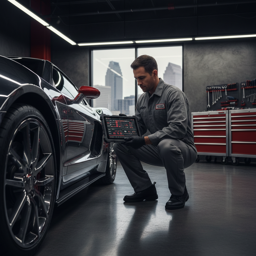 Why AI & GEO Optimization Matters for Memphis Auto Shops: Professional photo of an auto technician using a tablet for diagnostics in a clean, modern Memphis a | innovAIt Media