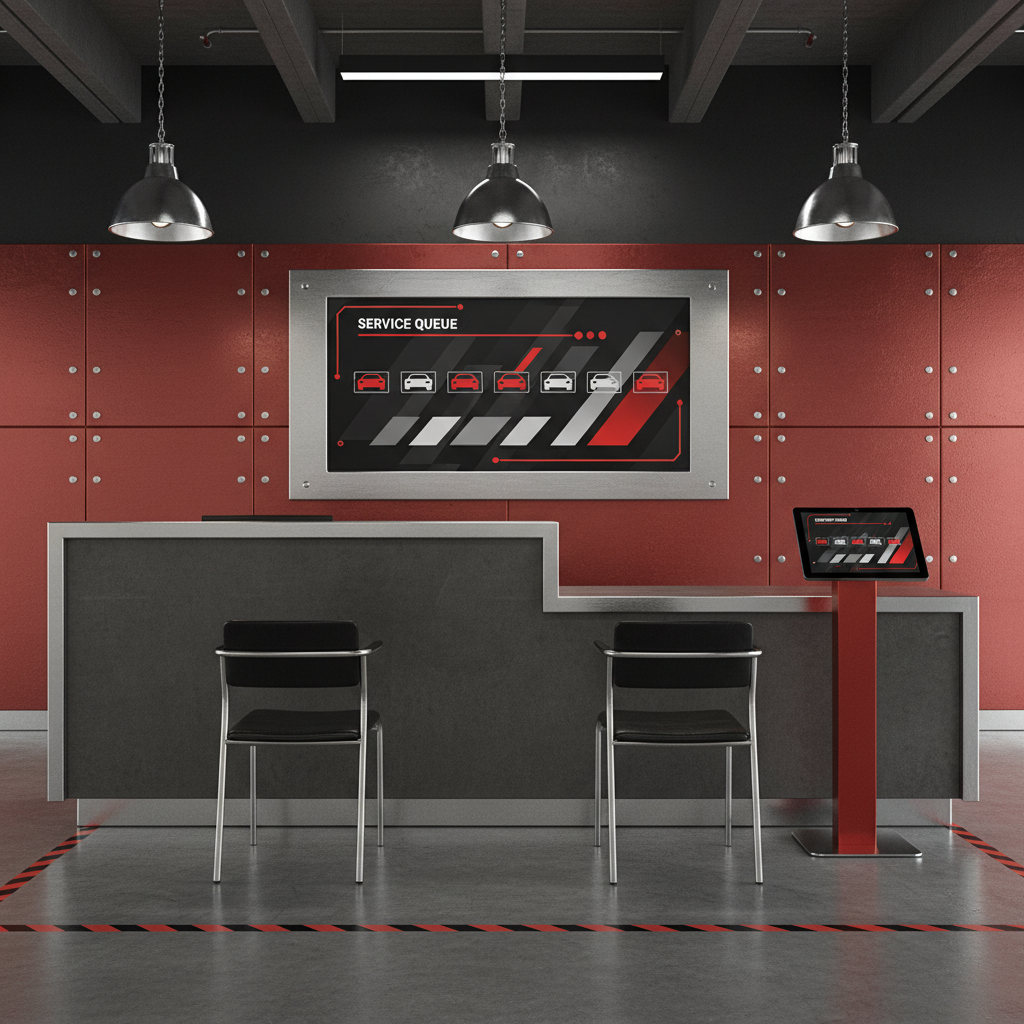 Why AI & GEO Optimization Matters for Memphis Auto Shops: Professional photo of an auto shop reception area with a digital display showing service queue and c | innovAIt Media