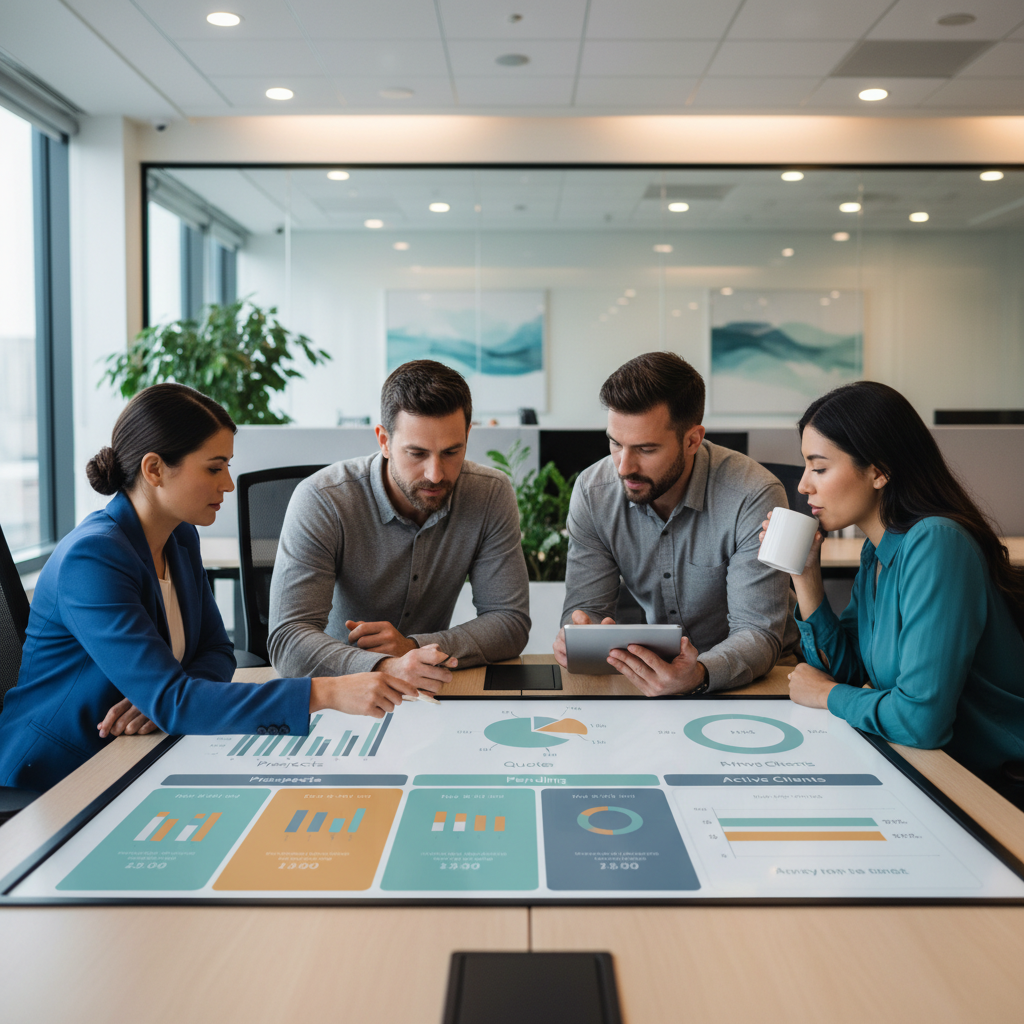 Will AI Ads Steal My Clients in Portland, OR?: Professional image of an insurance agency team collaborating around a digital dashboard showing client data with a backdrop of the Tilikum Crossing | innovAIt Media