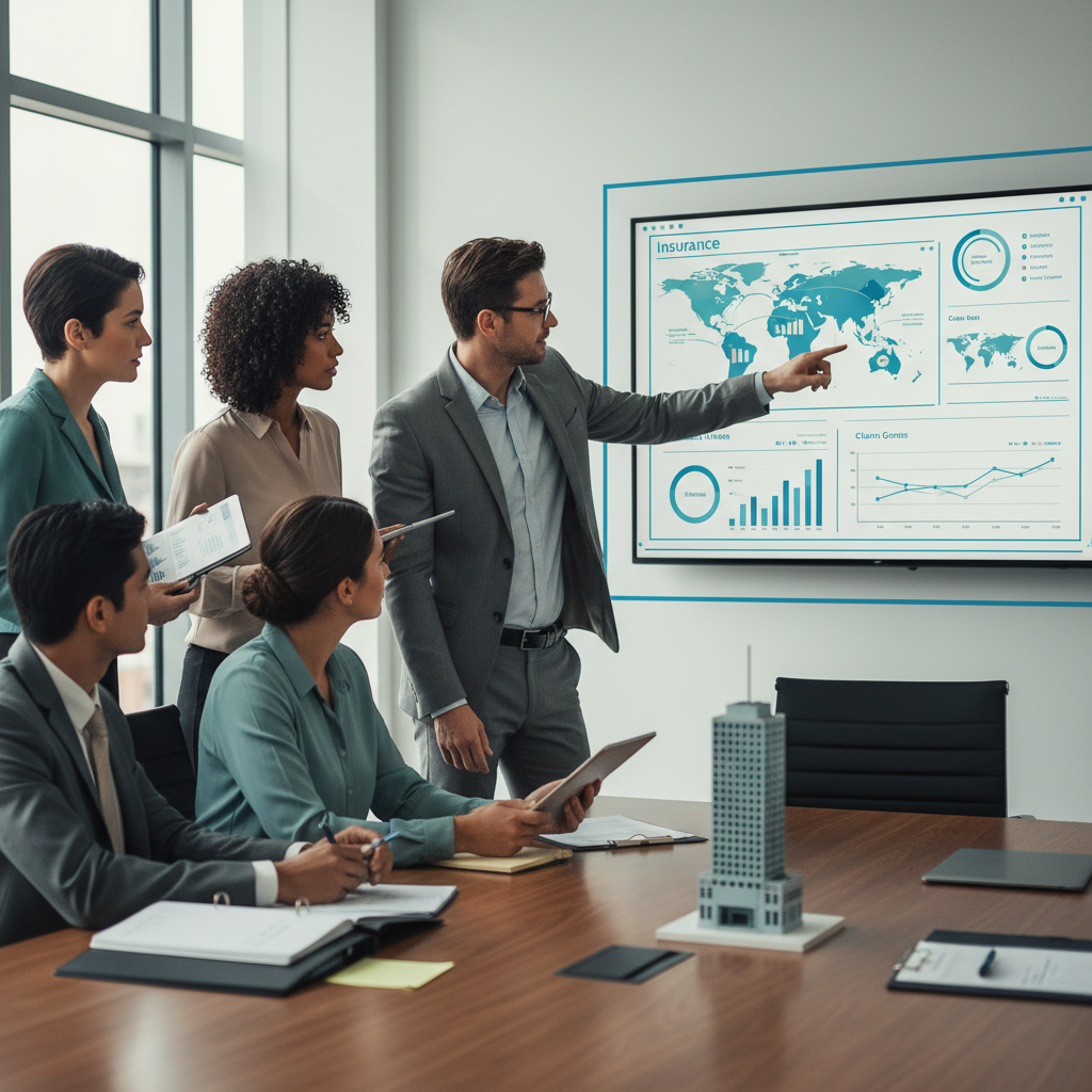 Will AI Ads Steal My Clients in Portland, OR?: Professional photo of a diverse team of insurance professionals collaborating on a large monitor displaying data analytics, with a view of Mount Hood in the background | innovAIt Media