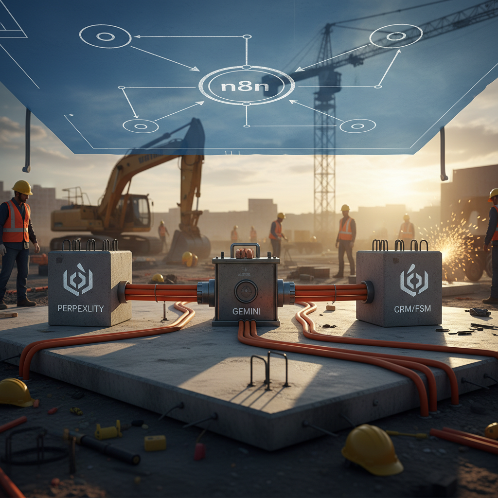 Will Perplexity or Gemini Rank Roofing Contractors Higher? Will Perplexity or Gemini Rank Roofing Contractors Higher?: Workflow diagram illustrating n8n connecting Perplexity/Gemini with CRM or FSM. | innovAIt Media