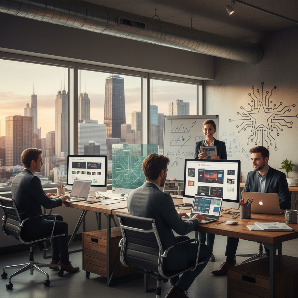 Affordable web design Chicago IL skyline with digital overlays