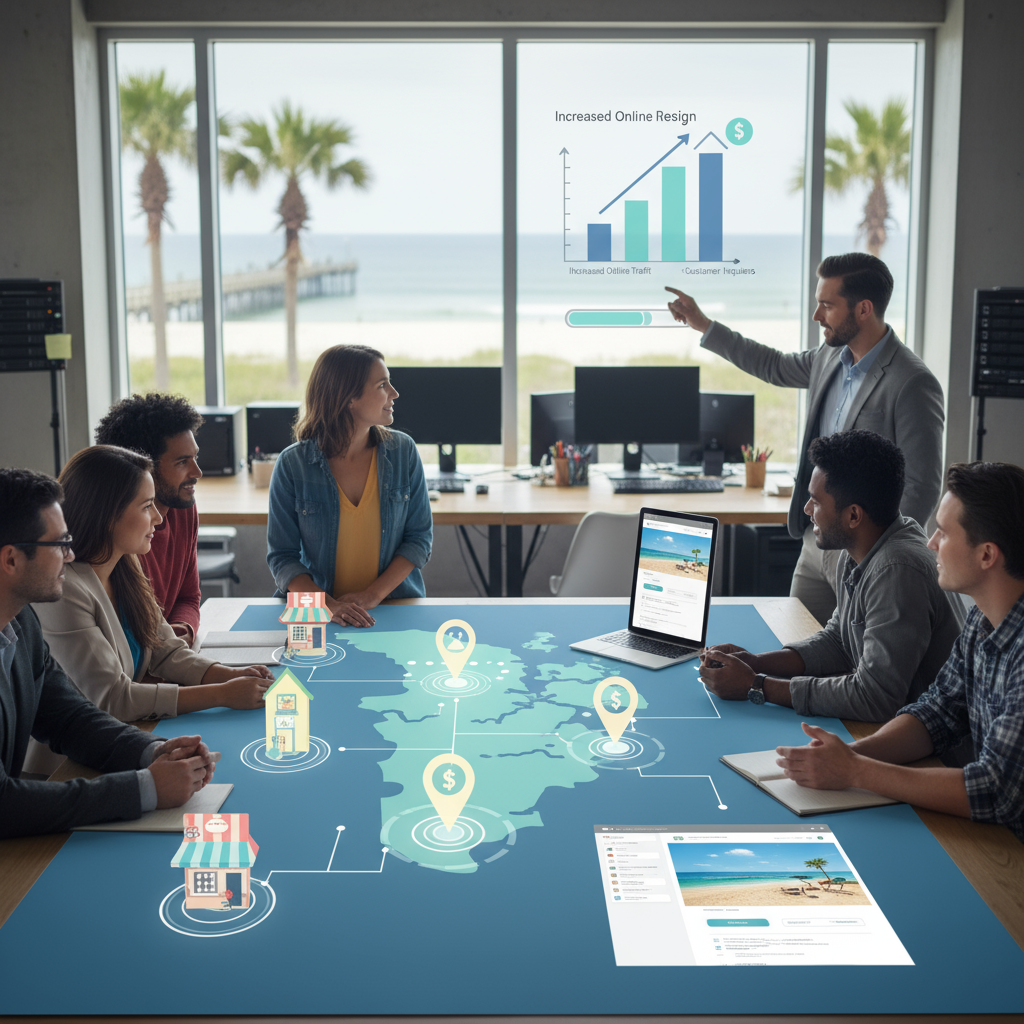 affordable website design Myrtle Beach - Two business people reviewing a modern, mobile-responsive website design on a tablet