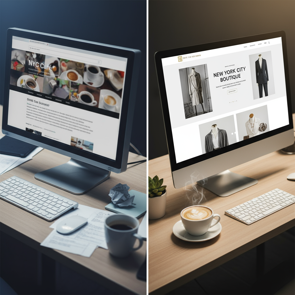 affordable website design New York City - Mobile-responsive website design displayed on various devices: phone, tablet, and laptop, with NYC backdrop