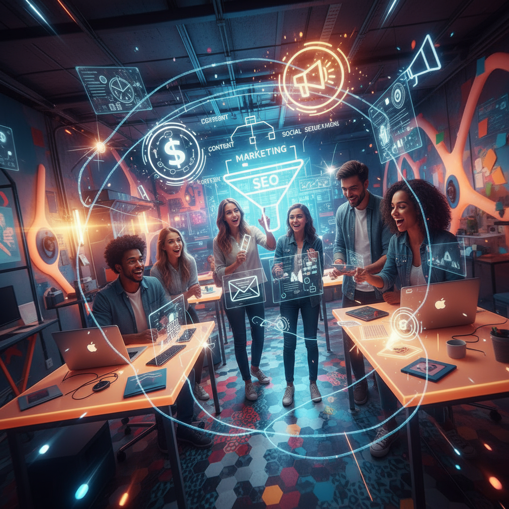 Conceptual image of AI generating content for affordable SEO and marketing.