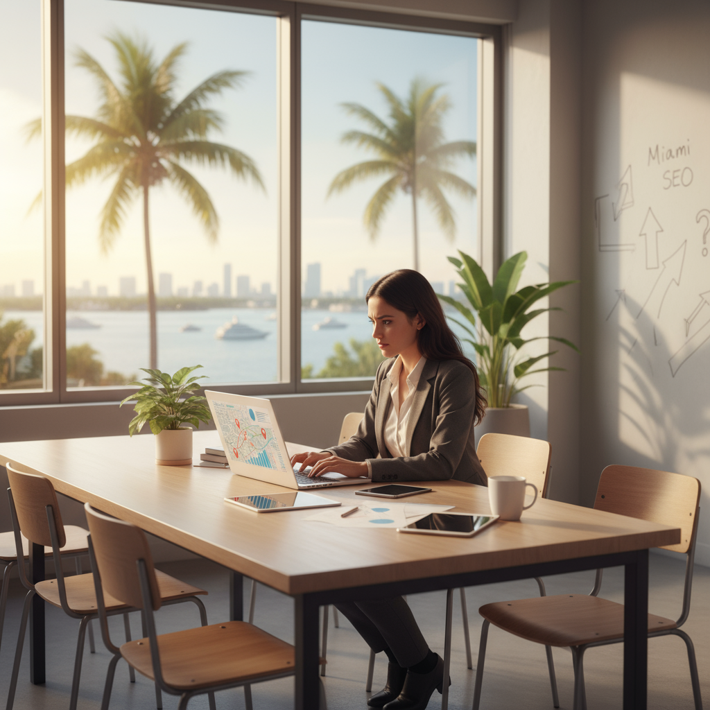 Frustrated business owner in Miami looking at poor Google Maps SEO results on a laptop.
