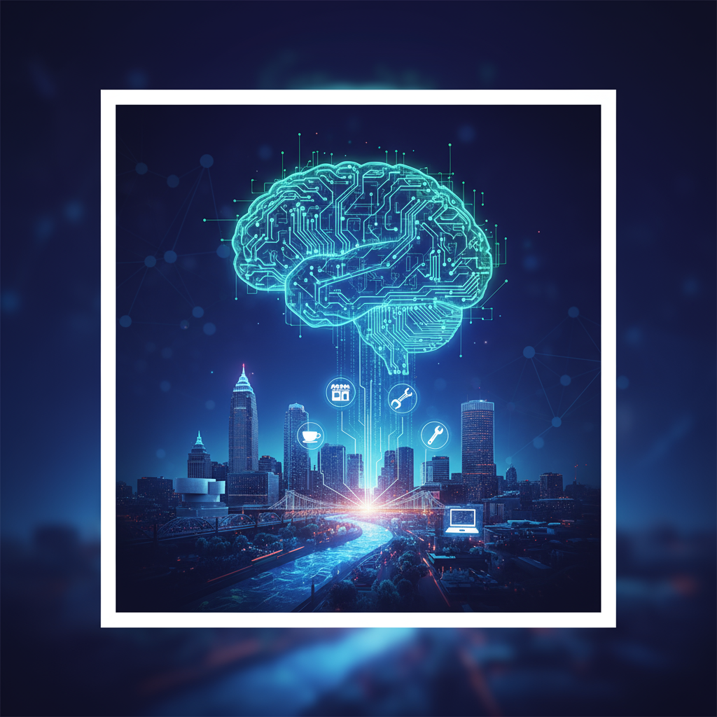 A business owner in Cleveland, OH looking at a graph showing SEO growth from Google AI automation.