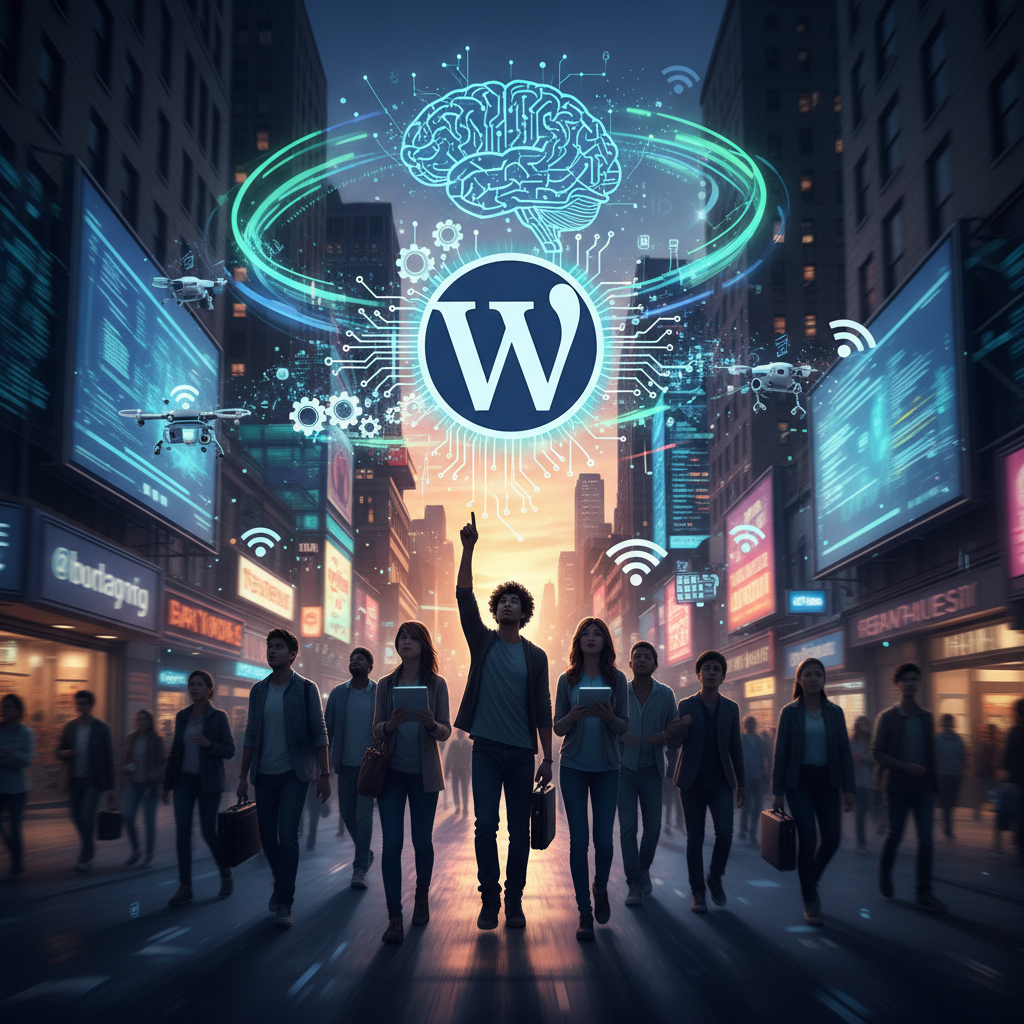 A person asking the question, "Where should I start learning about AI automation for WordPress development?" with a WordPress logo in the background.