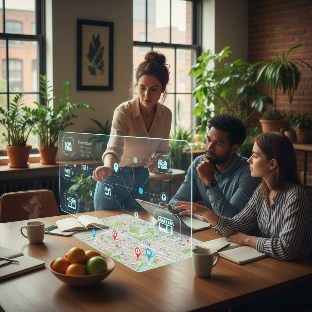A magnifying glass over a city map, illustrating how to prevent local businesses from being overlooked by AI search in 2025.