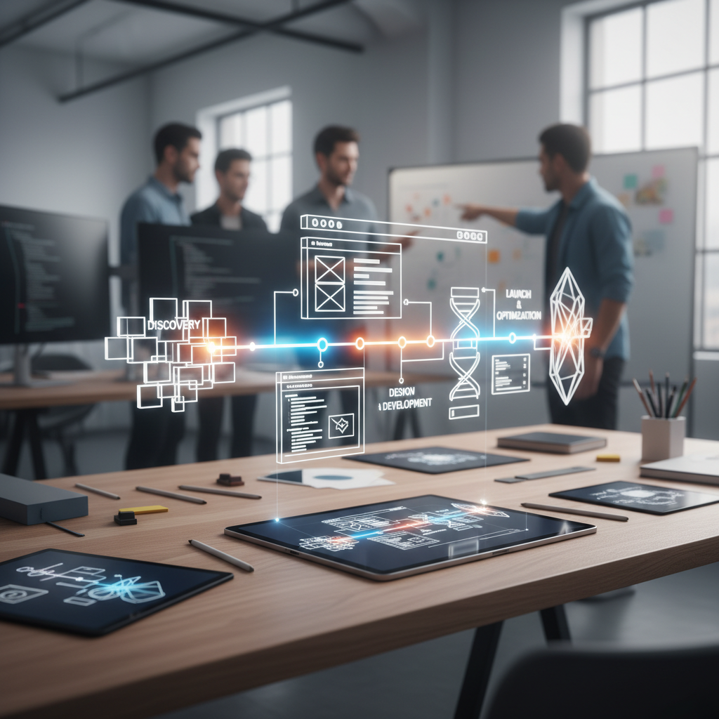 A team strategizing the best method to approach a website redesign project