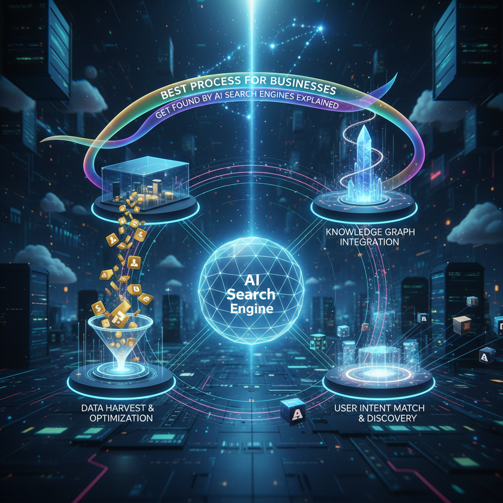 A step-by-step guide showing the best process for businesses to get found by AI search engines explained.