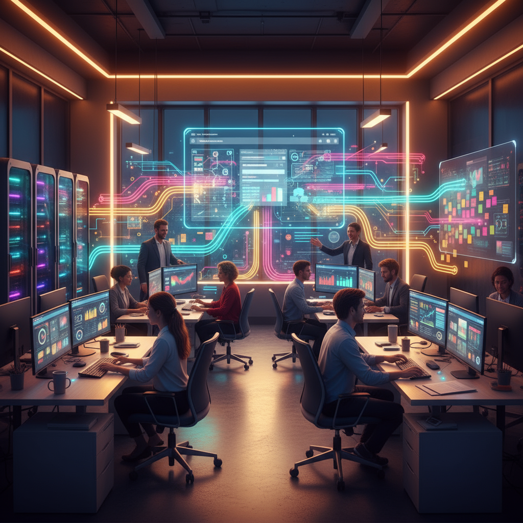 A team collaborating on a screen showing AI automation workflows.