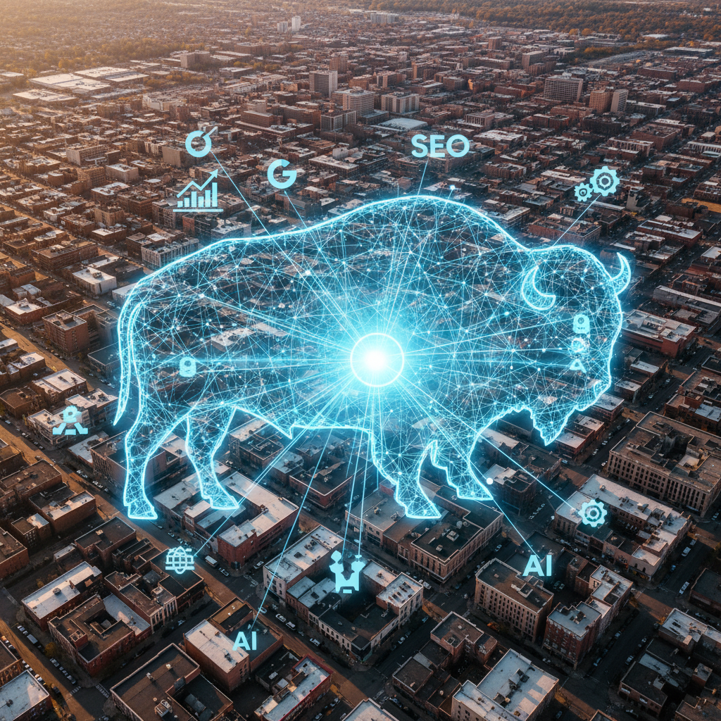 A Buffalo NY business owner using a laptop for the best way to start AI automation google my business optimization buffalo ny.