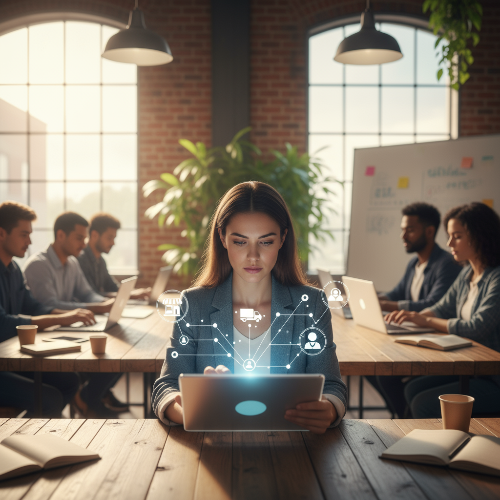 A business owner reviewing AI automation analytics on a tablet, showing business growth.