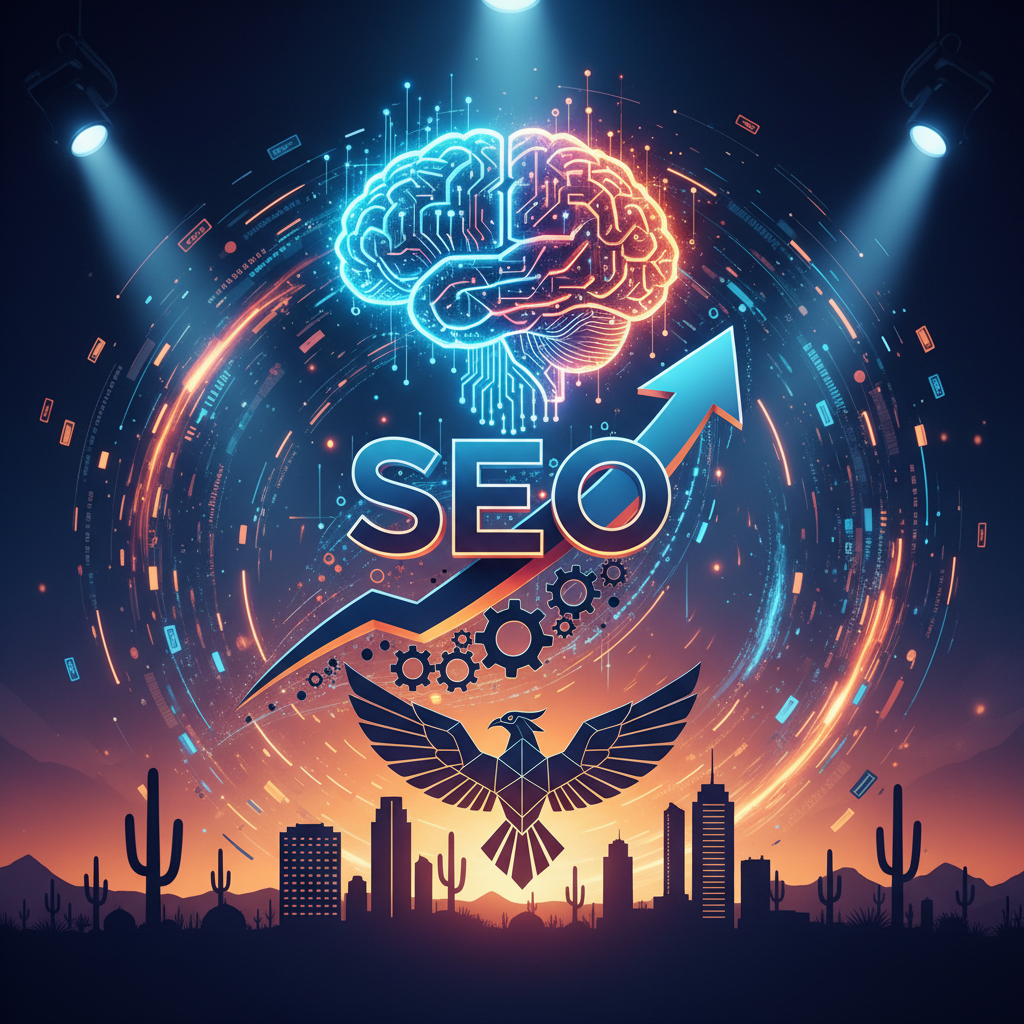 A graphic showing how to use AI automation for SEO in Phoenix AZ with data and analytics.