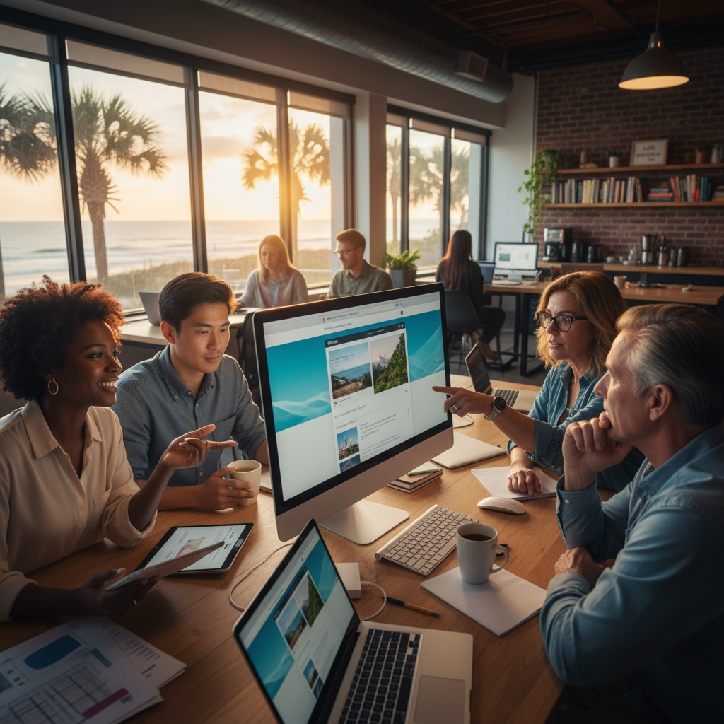 best web design near Myrtle Beach - Myrtle Beach boardwalk with a modern website overlay