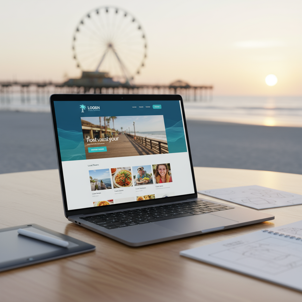 best web design near Myrtle Beach - Overview of Myrtle Beach coastline with a modern website template overlay