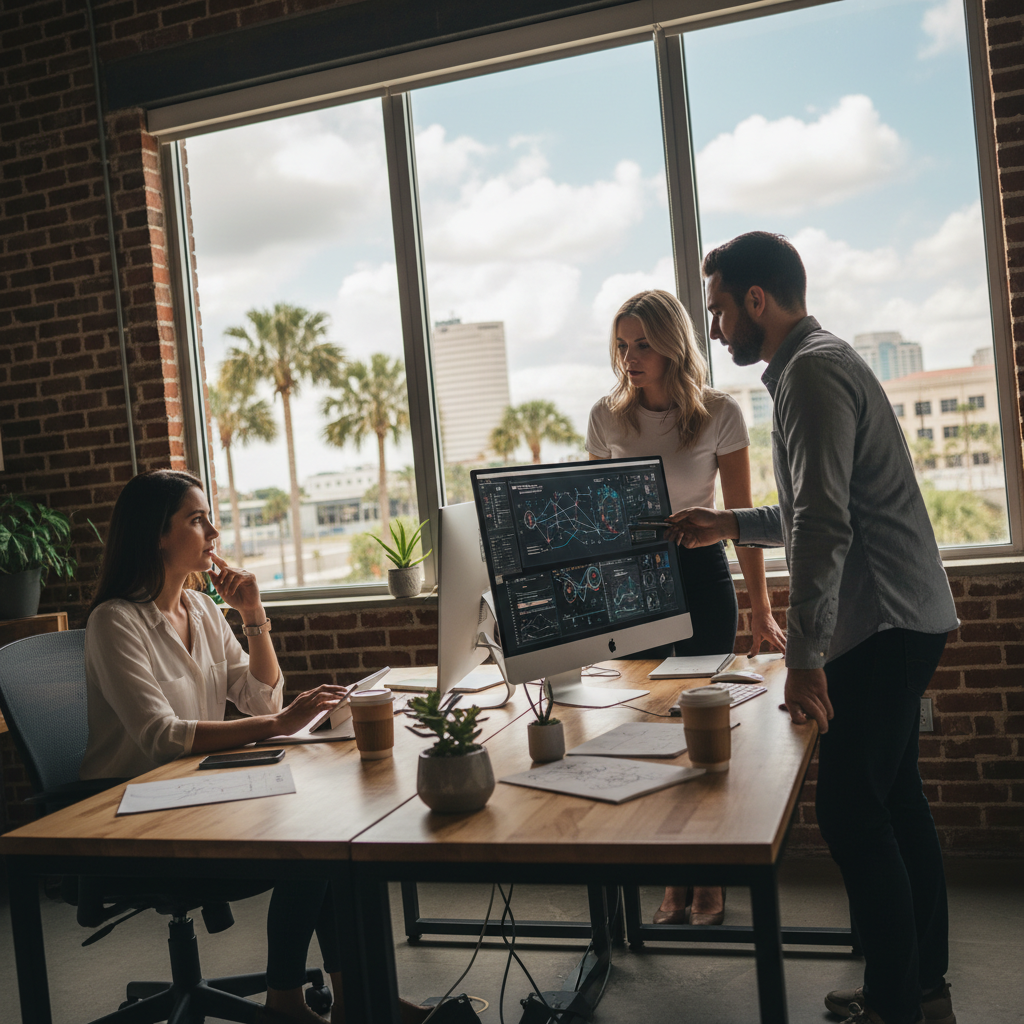 A business owner in Tampa using a laptop to review SEO and marketing analytics enhanced by AI.