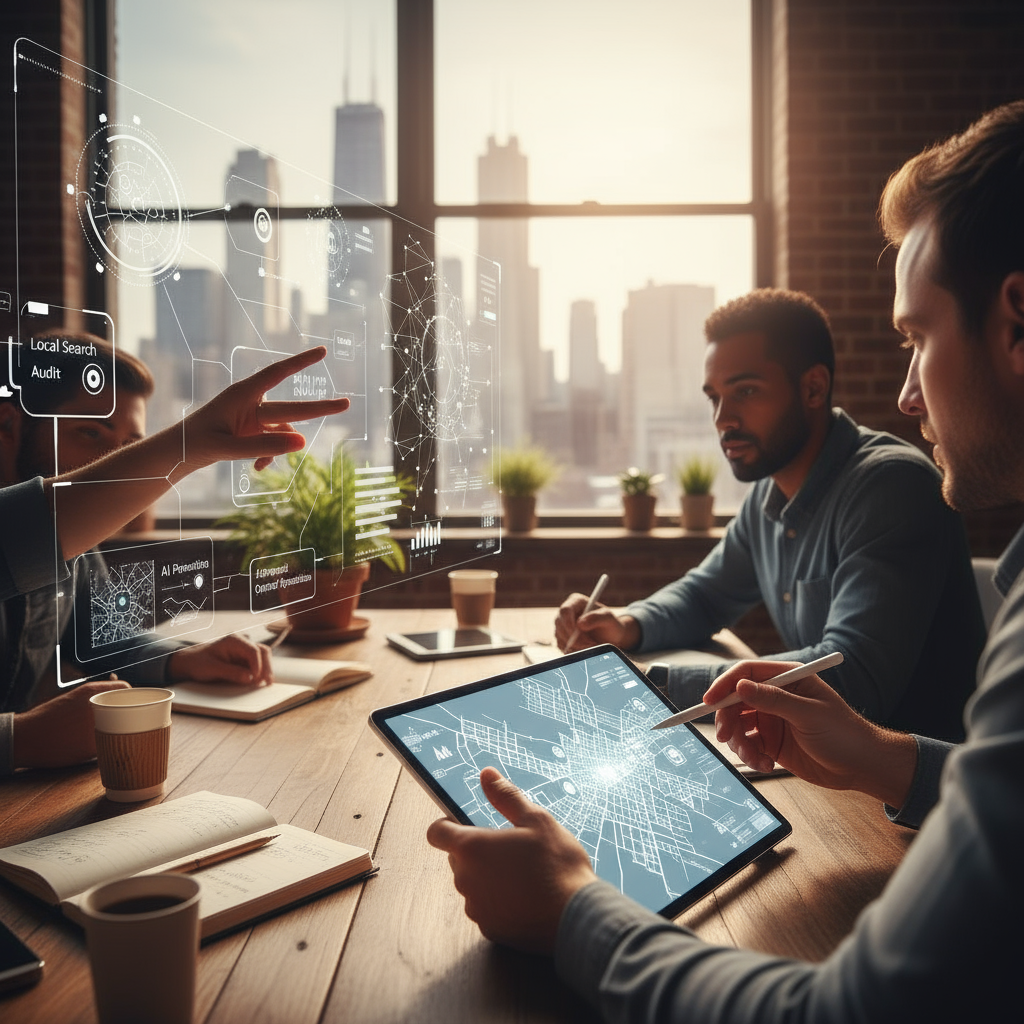 A digital illustration showing AI helping local SEO experts in Chicago, Illinois.