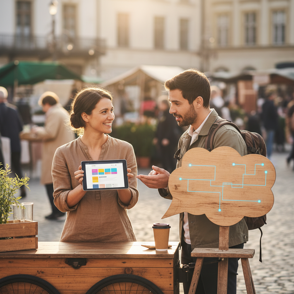 Can AI help a small business owner create a custom website? shows a comparison of a generic template and a custom design.