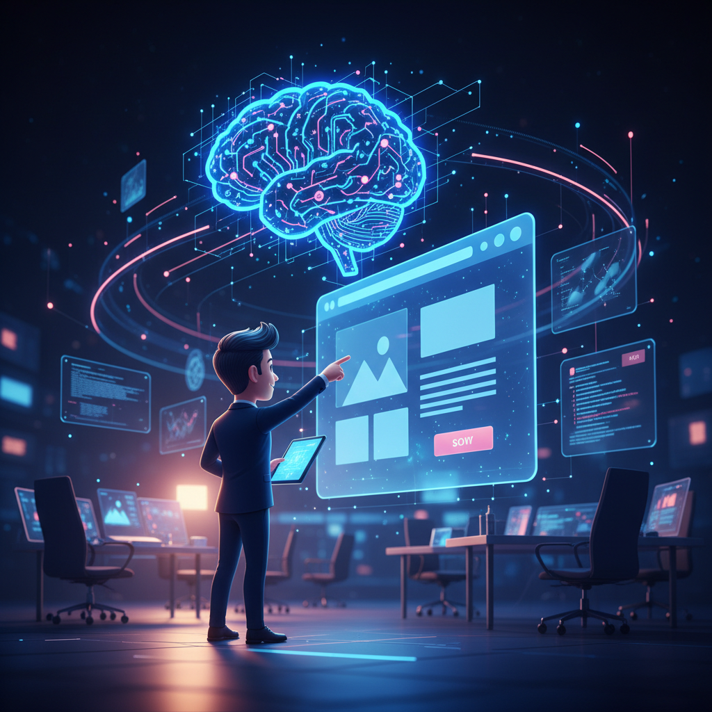 Stylized image showing a brain with half being human and half being circuitry, illustrating AI and human collaboration on a custom website.