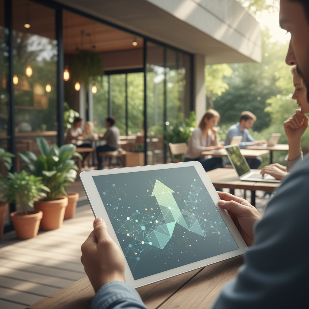 A business owner reviewing marketing analytics on a tablet, illustrating the concept of Google AI automating digital marketing for businesses.