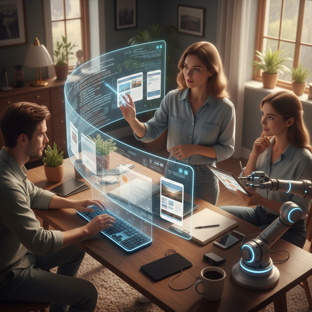 A designer and an AI robot collaborating on a mobile website layout.