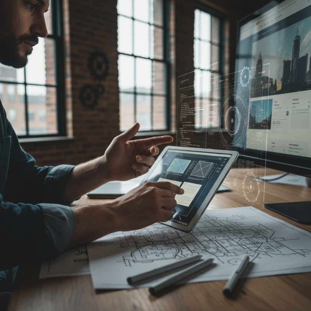 A team of SEO consultants reviewing a website design for a Detroit business.