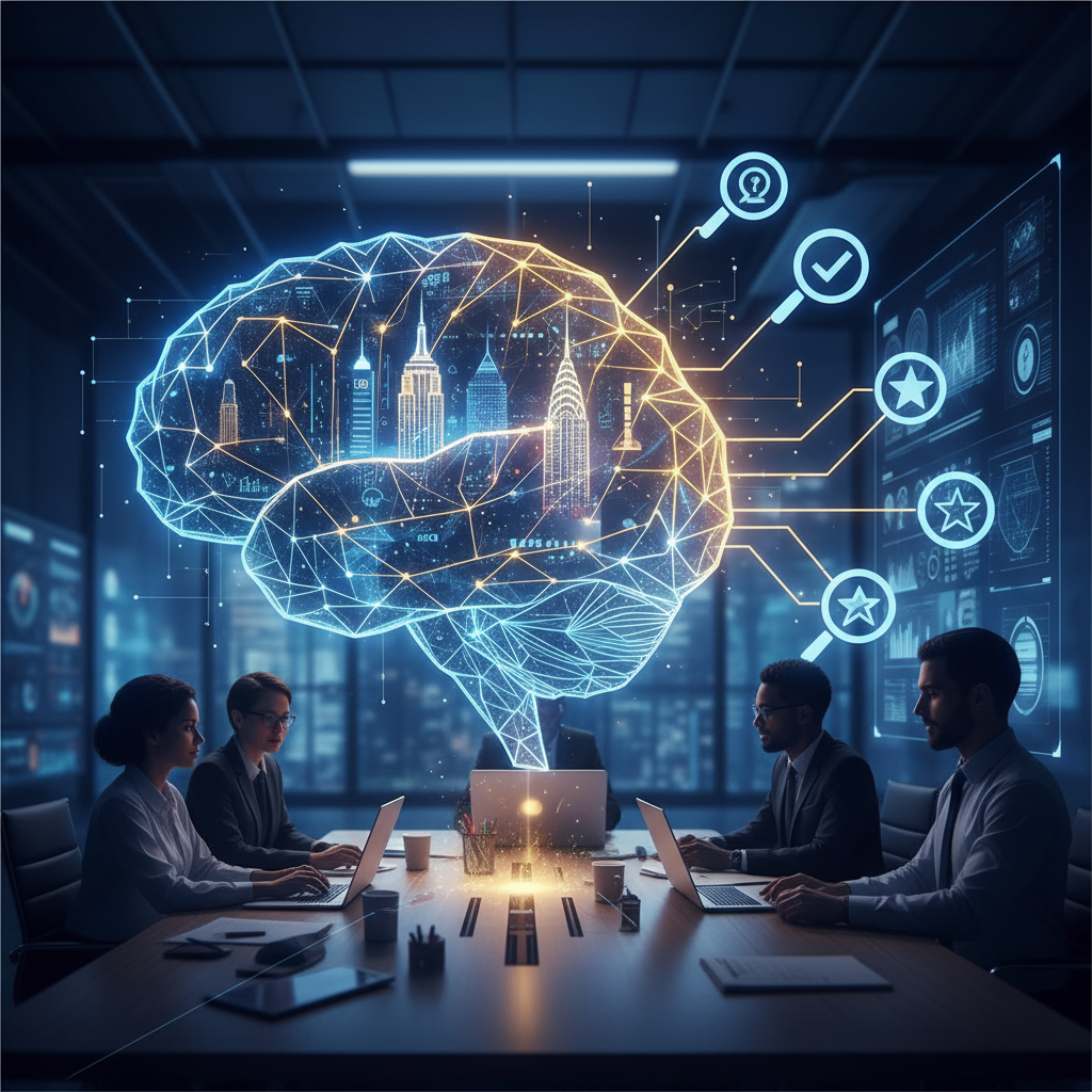 Skyline of NYC with a magnifying glass over it, asking "Can SEO help me choose the best SEO company in NYC?"