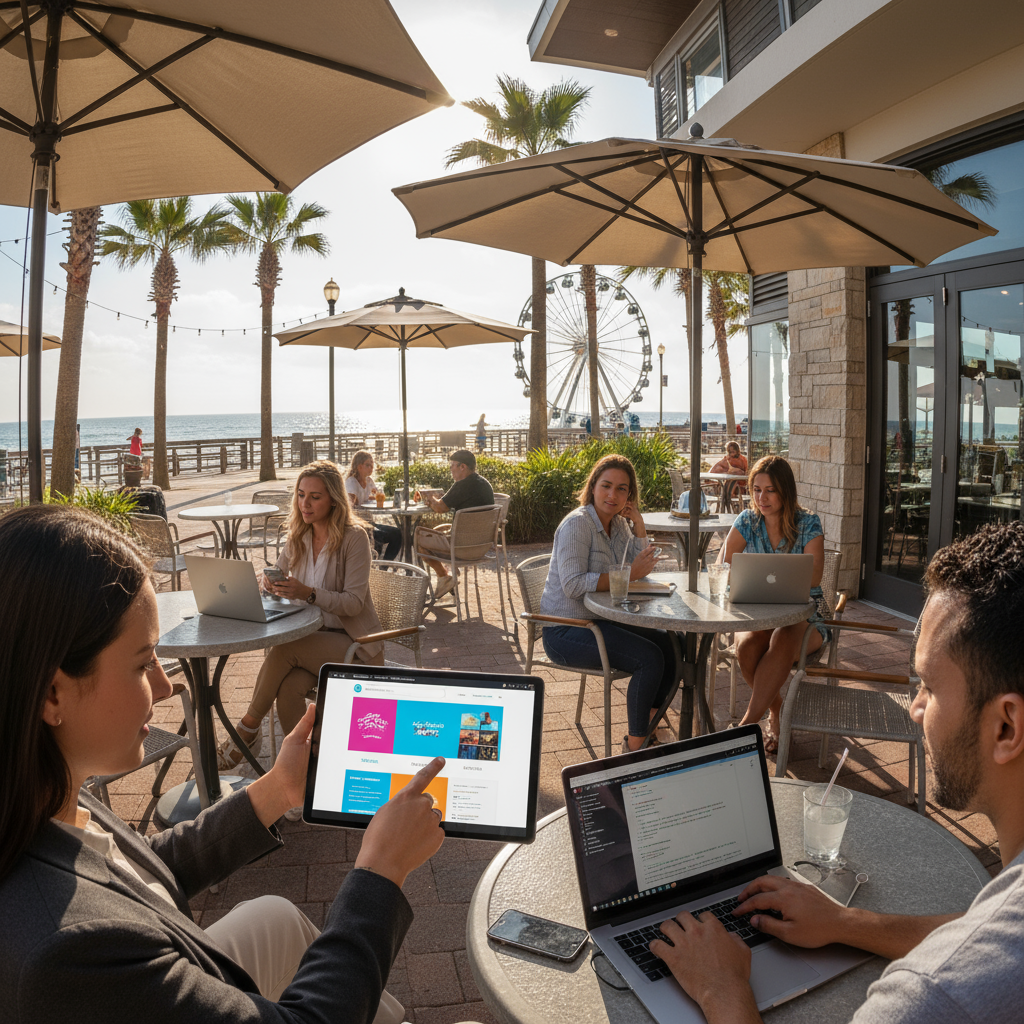 custom websites in Myrtle Beach - Myrtle Beach skyline with a modern website overlay