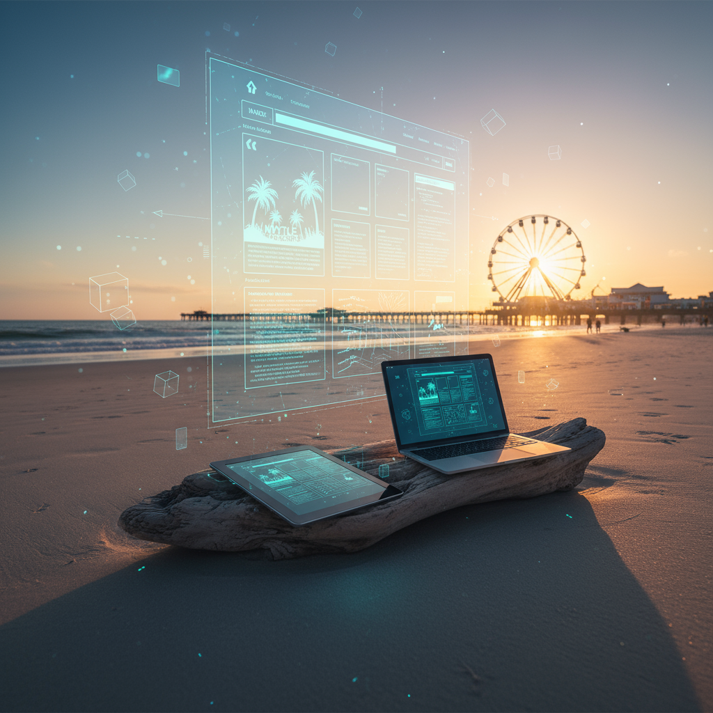 custom websites in Myrtle Beach - Myrtle Beach coastline with a modern website layout on a smartphone screen.