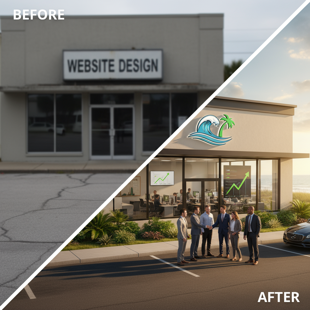 custom websites in Myrtle Beach - A user-friendly mobile view of a custom designed website with Myrtle Beach shoreline in the background