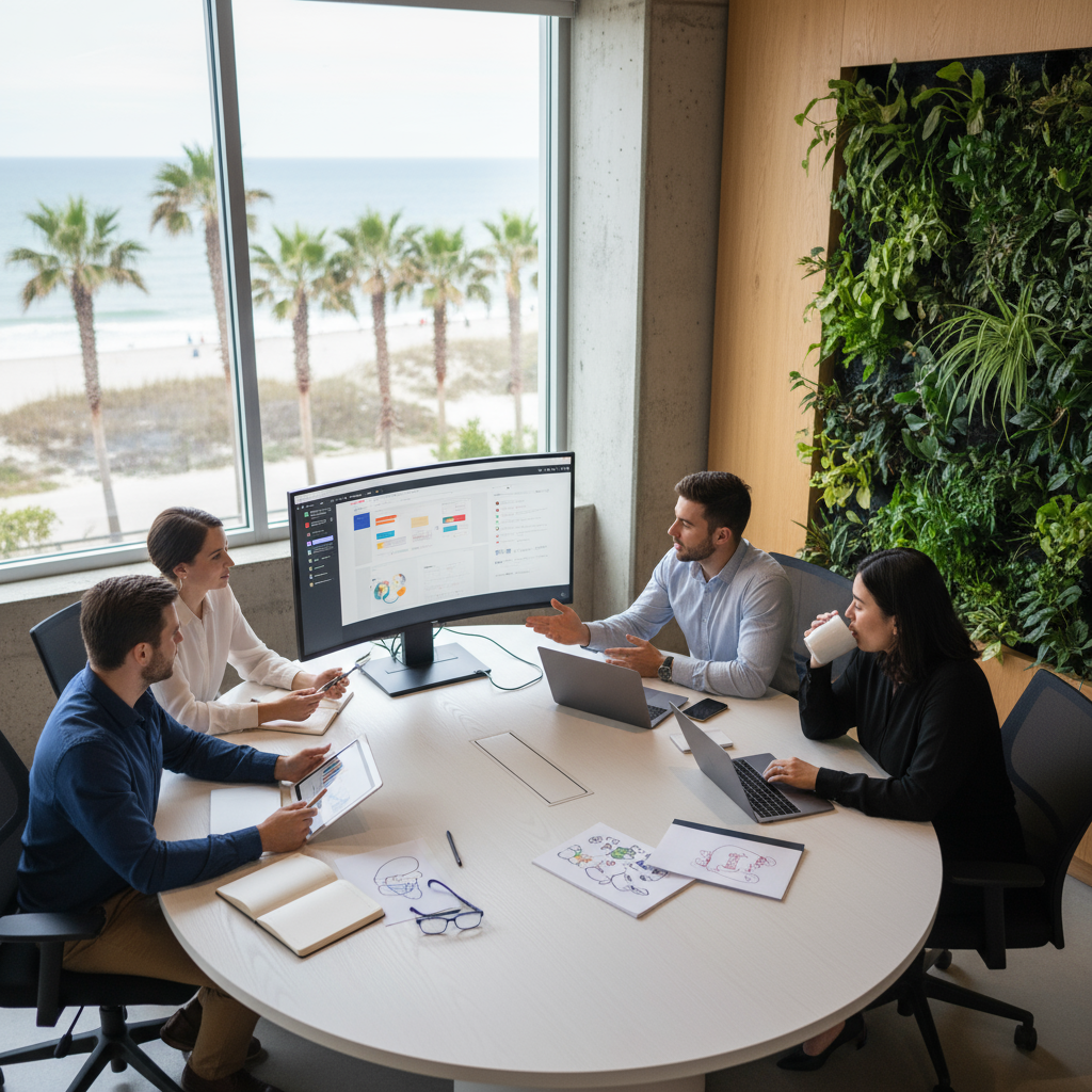 custom websites in Myrtle Beach - A diverse team of web designers collaborating on a custom website project for a Myrtle Beach client